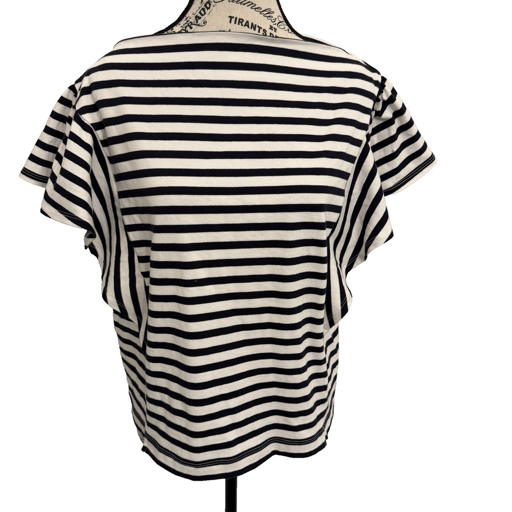 Free Assembly Women’s Short Sleeve Top L Flutter Sleeves Black & White Stripes